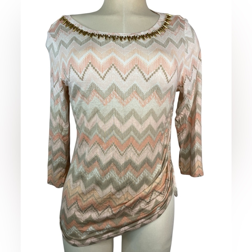 Ruby Rd. Chevron Patterned Long Sleeve Top with Gold Accents Women’s Small